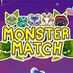 Barevný nápis Monster Match s obrázky šesti kreslených příšerek na fialovo-modrém pozadí s hvězdami