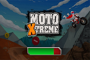 Motocyklový jezdec ve skoku na strmé trati, v pozadí logo a indikátor načítání