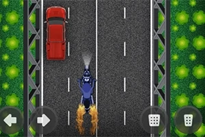 Motorka s plameny pohybu na silnici vedle červeného auta s herními ovládacími tlačítky na obrazovce