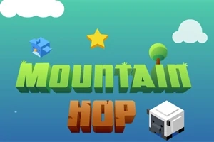 Barevné logo s nápisem Mountain Hop s grafikou ptáčka, hvězdy, stromu a kostky na modrozeleném pozadí