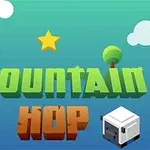 Barevné logo s nápisem Mountain Hop s grafikou ptáčka, hvězdy, stromu a kostky na modrozeleném pozadí