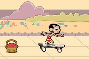 Postavička na skateboardu projíždí okolo košíku na dlážděné cestě s květinami v pozadí