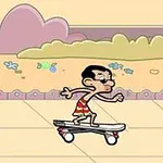 Postavička na skateboardu projíždí okolo košíku na dlážděné cestě s květinami v pozadí