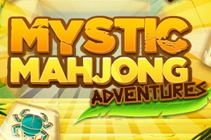 Nápis Mystic Mahjong Adventures na žlutém pozadí s ilustrací dlaždice s modrým krabem