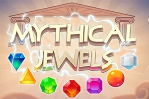 Nápis Mythical Jewels na pozadí starořeckého chrámu se sedmi barevnými drahokamy v dolní části obrázku