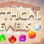 Nápis Mythical Jewels na pozadí starořeckého chrámu se sedmi barevnými drahokamy v dolní části obrázku