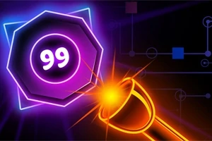 Svítící oranžový laser míří na fialový šestiúhelník s číslem 99 na černém pozadí