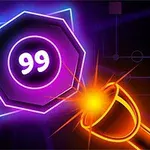 Svítící oranžový laser míří na fialový šestiúhelník s číslem 99 na černém pozadí