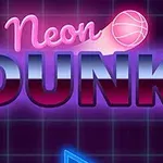 Nápis Neon Dunk ve stylu neonového osvětlení s růžovým basketbalovým míčem na tmavém mřížkovaném pozadí