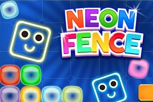 Barevné neonové kostky s obličejíky na modrém pozadí s nápisem Neon Fence