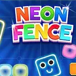 Barevné neonové kostky s obličejíky na modrém pozadí s nápisem Neon Fence