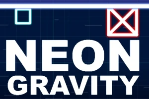 Na tmavém pozadí je bílý text NEON GRAVITY s modrým a červeným neonovým tvarem nahoře