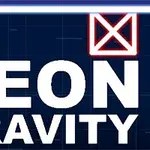 Na tmavém pozadí je bílý text NEON GRAVITY s modrým a červeným neonovým tvarem nahoře