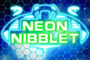 Světelně modré a zelené sci-fi logo s textem Neon Nibblet na pozadí s hexagonálním vzorem