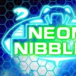 Světelně modré a zelené sci-fi logo s textem Neon Nibblet na pozadí s hexagonálním vzorem
