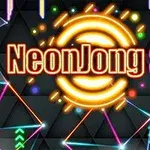 Barevný neonový nápis NeonJong 3D na tmavém geometrickém pozadí s neonovými liniemi a vzory