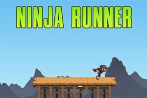 Ninja běžec na dřevěné plošině s horami v pozadí a nápisem Ninja Runner nahoře