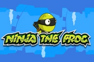 Zelený kulatý tvor s černou maskou, doplněný textem Ninja The Frog na modrém pozadí