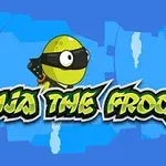 Zelený kulatý tvor s černou maskou, doplněný textem Ninja The Frog na modrém pozadí