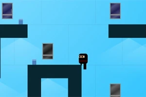 Postavička ve stylu ninji na modrém pixelovém pozadí s platformami a okny