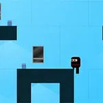 Postavička ve stylu ninji na modrém pixelovém pozadí s platformami a okny