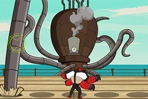 Postava bojující proti obřímu robotickému chobotnicovitému stvoření na dřevěném mole při moři