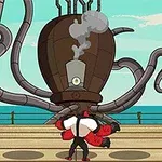 Postava bojující proti obřímu robotickému chobotnicovitému stvoření na dřevěném mole při moři
