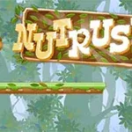 Veverka běží po zelené plošině v lese směrem k žaludu, s nápisem Nut Rush na dřevěné ceduli