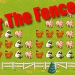 Zvířata na farmě – ovce, prasata a kuřata – seřazená na zelené louce s červeným nápisem Over The Fence