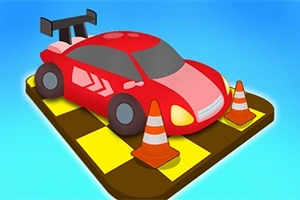 Červené závodní auto s bílými šipkami, obklopené dopravními kužely, stojí na žlutě a černě kachlovaném povrchu na modrém pozadí