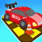 Červené závodní auto s bílými šipkami, obklopené dopravními kužely, stojí na žlutě a černě kachlovaném povrchu na modrém pozadí