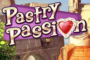 Nápis Pastry Passion na fialovém pozadí s motivem srdce ve tvaru zákusku, v pozadí městské budovy