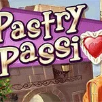 Nápis Pastry Passion na fialovém pozadí s motivem srdce ve tvaru zákusku, v pozadí městské budovy