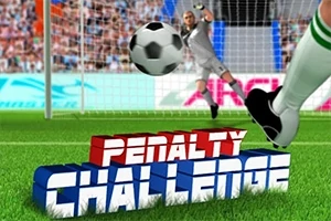 Fotbalista kope míč směrem k brankáři při penaltě, nápis Penalty Challenge vpředu