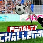 Fotbalista kope míč směrem k brankáři při penaltě, nápis Penalty Challenge vpředu