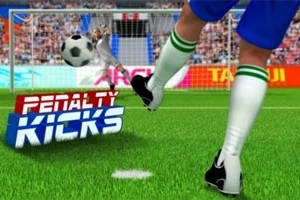 Fotbalista kopající do míče směrem k brance na stadionu s nápisem Penalty Kicks v popředí