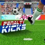 Fotbalista kopající do míče směrem k brance na stadionu s nápisem Penalty Kicks v popředí