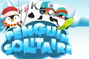 Tři tučňáci s čepicemi a šálami stojící před herními kartami s nápisem Penguin Solitaire ve zmrzlém stylu