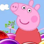 Růžová kreslená prasátko v červeném oblečení obklopené barevnými bublinami na modré obloze se sluncem a obláčky