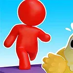 Červená postava pronásleduje vystrašenou žlutou slepici na modrém pozadí