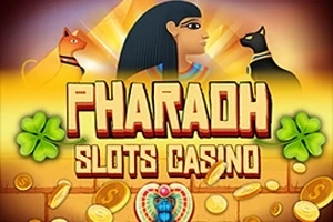Barevný obrázek zobrazující faraóna, dvě egyptské kočky, zlaté mince, čtyřlístky a symbol skarabea s textem Pharaoh Slots Casino