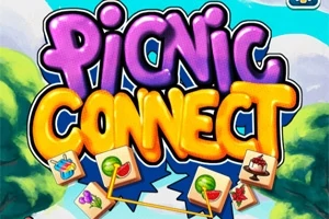 Barevné nápisy Picnic Connect s obrázky jídel na pozadí krajiny