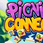 Barevné nápisy Picnic Connect s obrázky jídel na pozadí krajiny