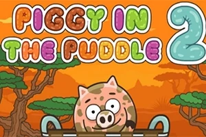 Barevný nápis Piggy in the Puddle 2 nad kresleným prasátkem v lese na oranžovém pozadí