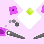 Růžové a bílé pozadí s geometrickými tvary, zeleným kosočtvercem a šedými ovládacími pákami
