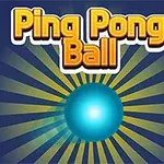 Modrá koule uprostřed s nápisem Ping Pong Ball nahoře, obklopená barevnými paprsky a dvěma svislými pruhy vlevo a vpravo