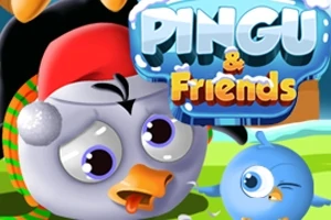 Kreslený tučňák v čepici s modrým ptáčkem na zeleném pozadí pod nápisem „PINGU & Friends“