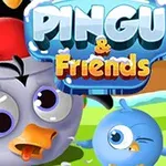 Kreslený tučňák v čepici s modrým ptáčkem na zeleném pozadí pod nápisem „PINGU & Friends“