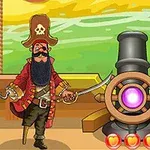Pirát s velkým kloboukem a hákem stojí vedle děla na palubě lodi