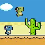 Pixelová grafika s malými dinosauříky, dvěma kaktusy a modrou oblohou s obláčkem